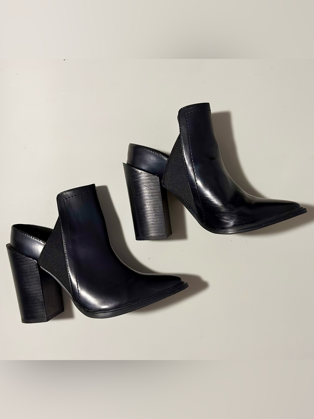 Leather Block Heel Ankle Boots with Stretch Detail